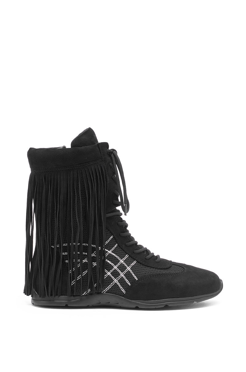 AZALEA WANG ZITHER BLACK FLAT FRINGE BOOTIE