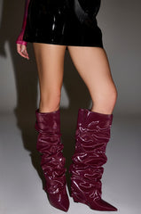 AZALEA WANG ZYLLA BURGUNDY PATENT WEDGE RUCHED BOOT