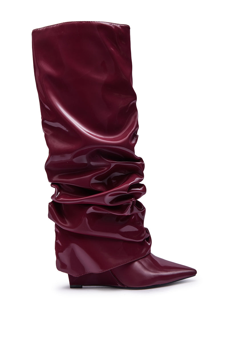 AZALEA WANG ZYLLA BURGUNDY PATENT WEDGE RUCHED BOOT