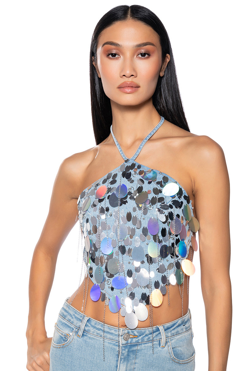 A GIRL NAMED LUCKY EMBELLISHED HALTER NECK TOP