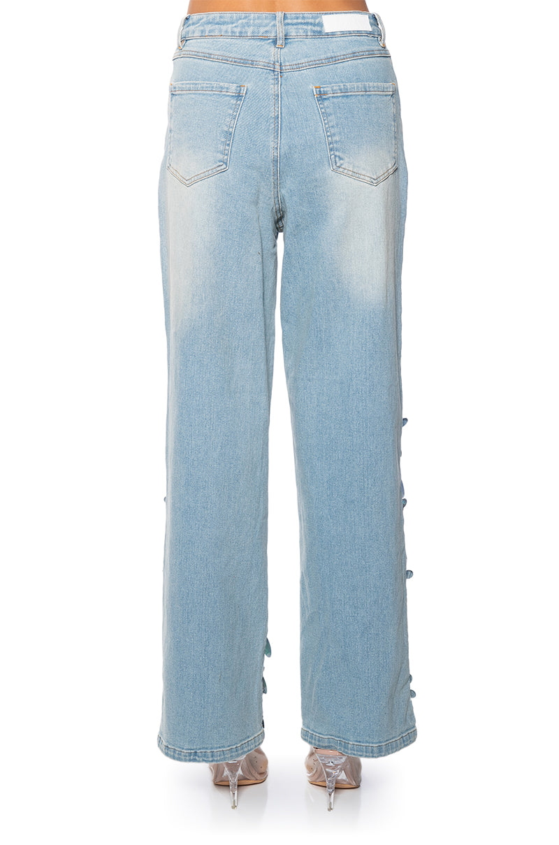 A GIRL NAMED LUCKY EMBELLISHED WIDE LEG RIPPED JEANS