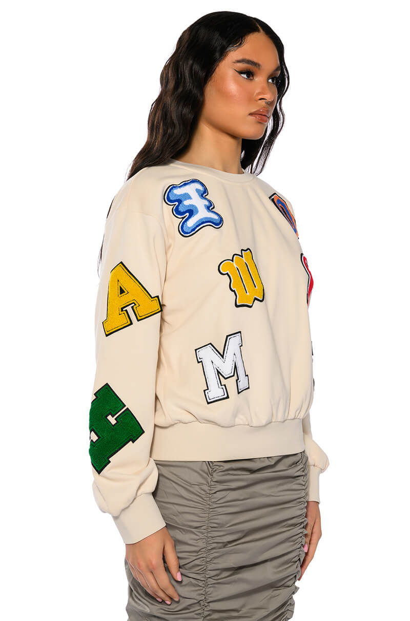 ABCDEFU PATCHWORK CREW NECK PULL OVER