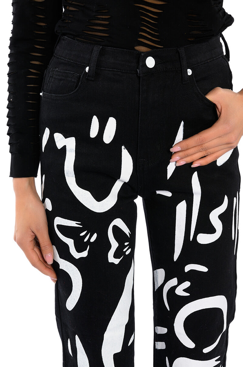 ABSTRACT PAINTED HIGH WAISTED WIDE LEG JEAN