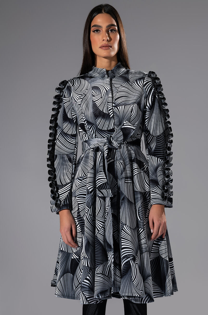 ABSTRACT PRINT BELTED LONG SLEEVE MINI DRESS