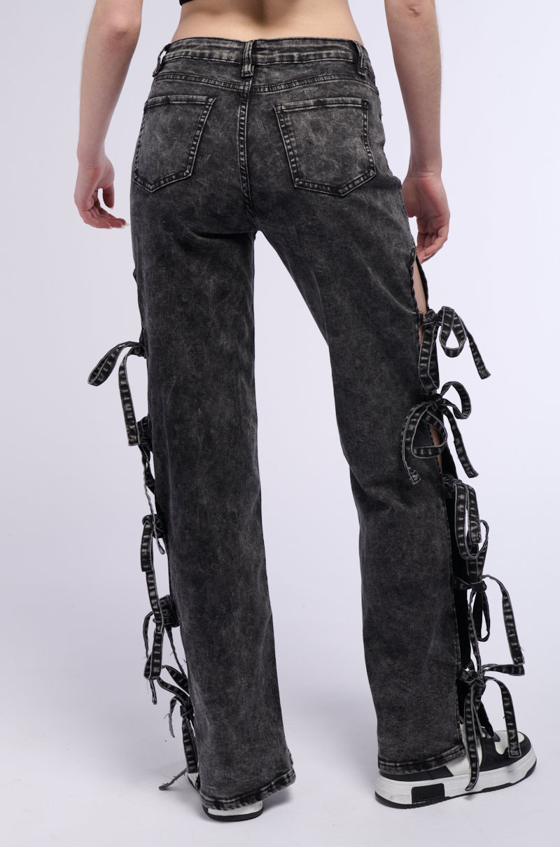 ACID WASH TIE UP SIDES STRAIGHT LEG JEAN