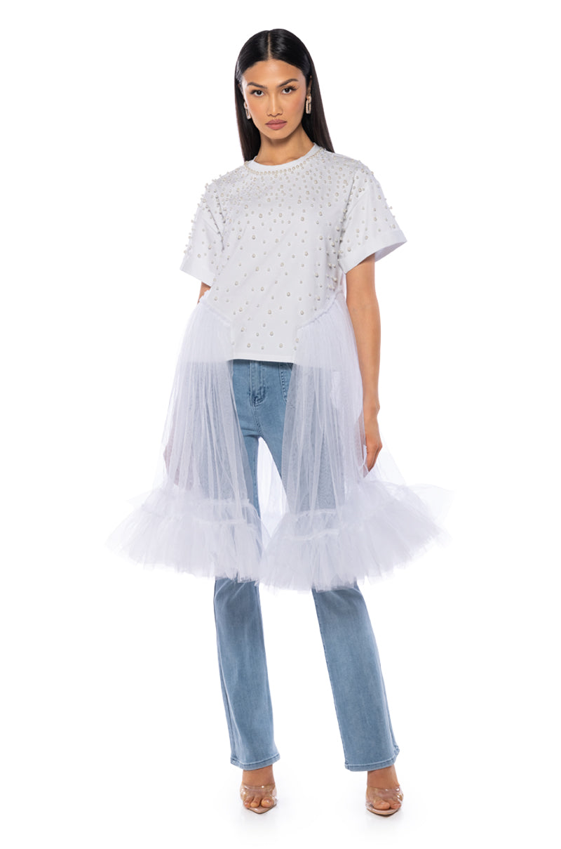 ANOTHER DREAMER EMBELLISHED TULLE T SHIRT IN WHITE