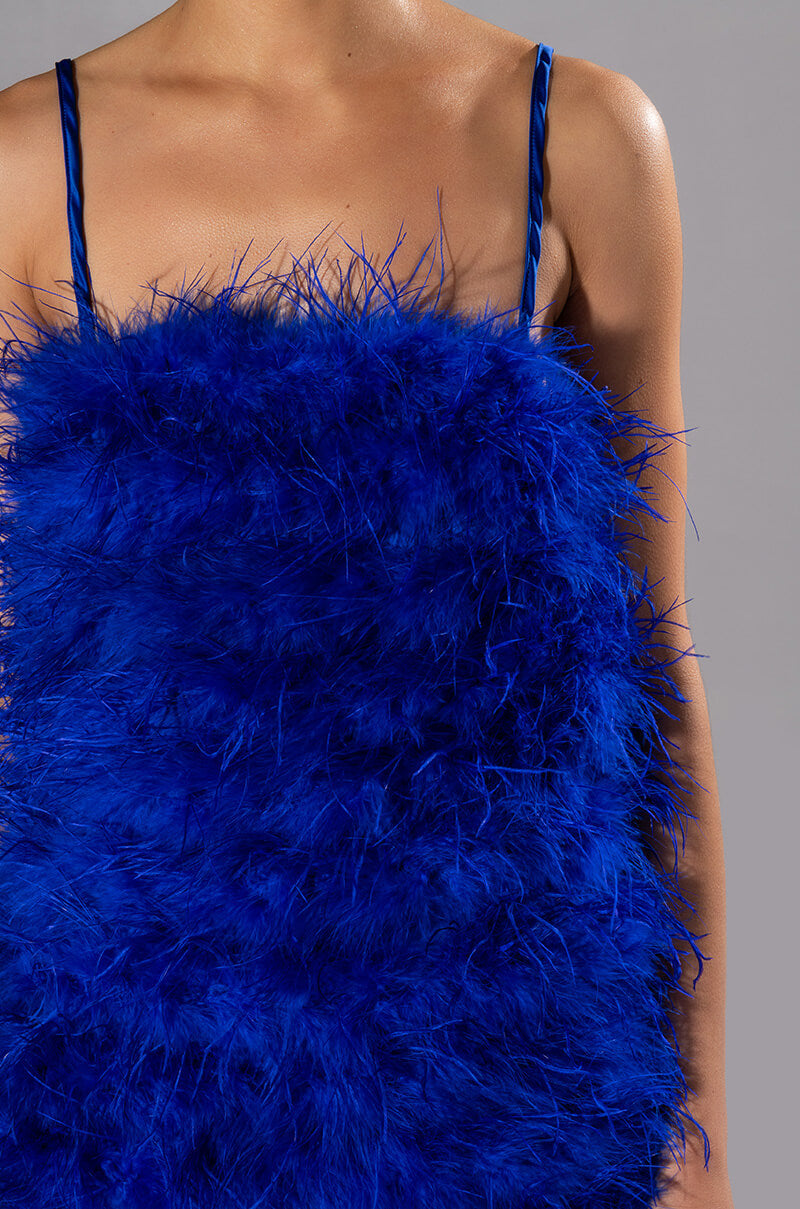 ANYTHING AND EVERYTHING STRAPLESS FEATHER MINI DRESS