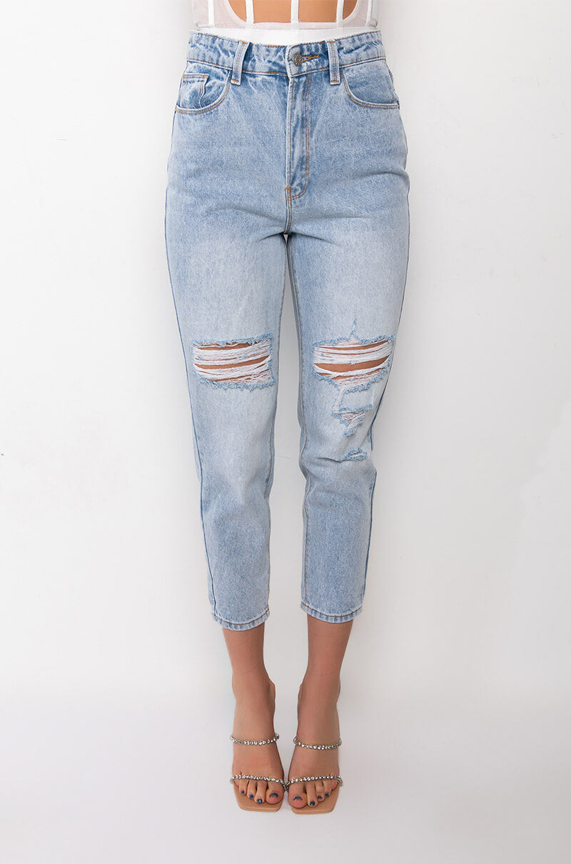 ARRIVEDERCI ACID WASH HIGH RISE DISTRESSED MOM JEANS