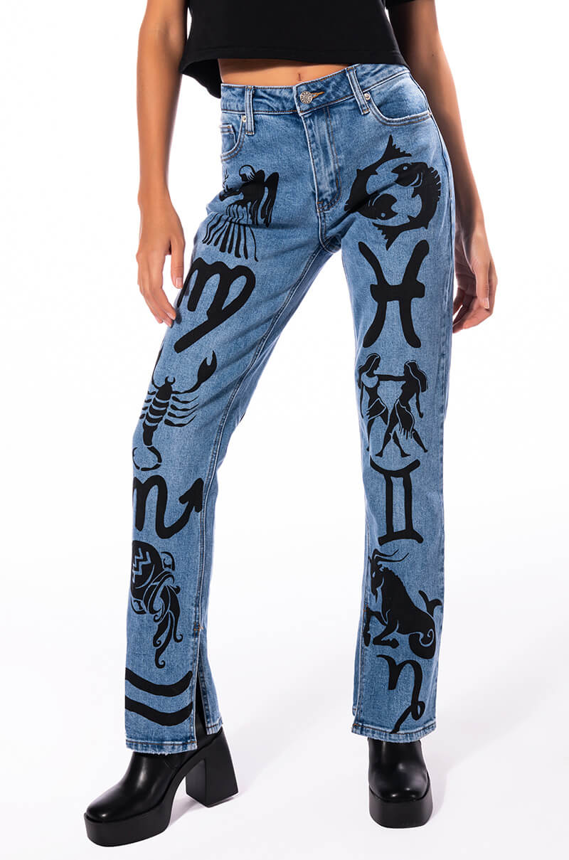 ASTROLOGICAL PRINTED HIGH RISE STRAIGHT LEG JEAN