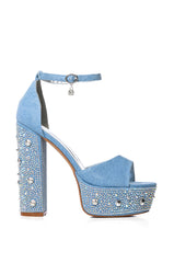 AZALEA WANG ARABELLE DENIM SANDAL WITH DIAMOND HEEL