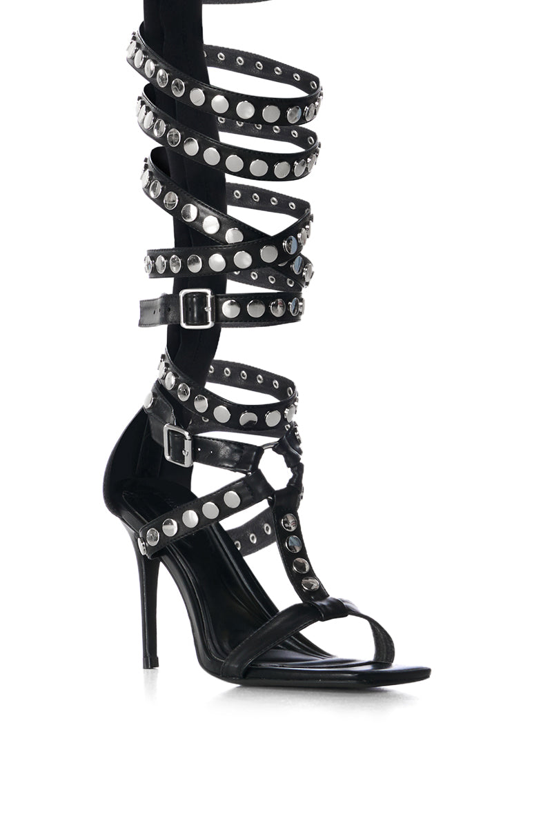 AZALEA WANG AUDACIOUS BLACK SILVER STUD GLADIATOR SANDAL