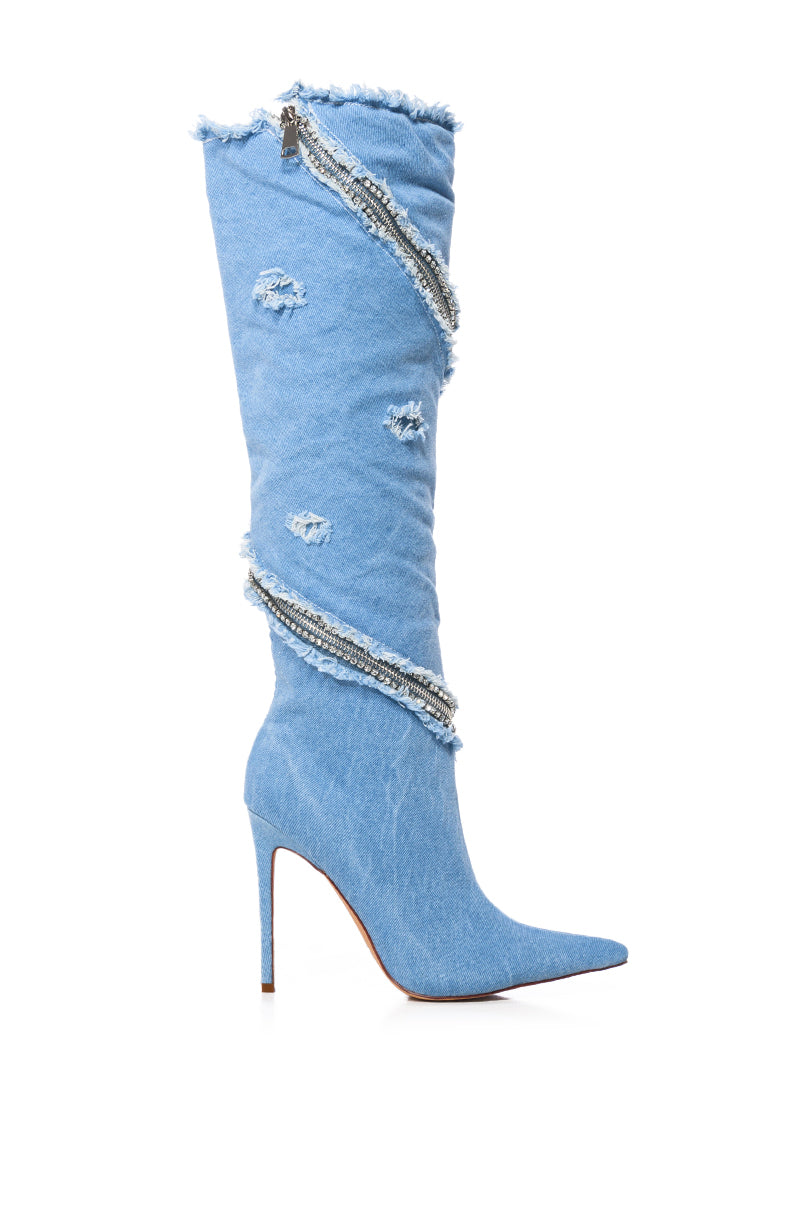 AZALEA WANG BEBOP ZIPPER DECOR MID CALF BOOT IN DENIM
