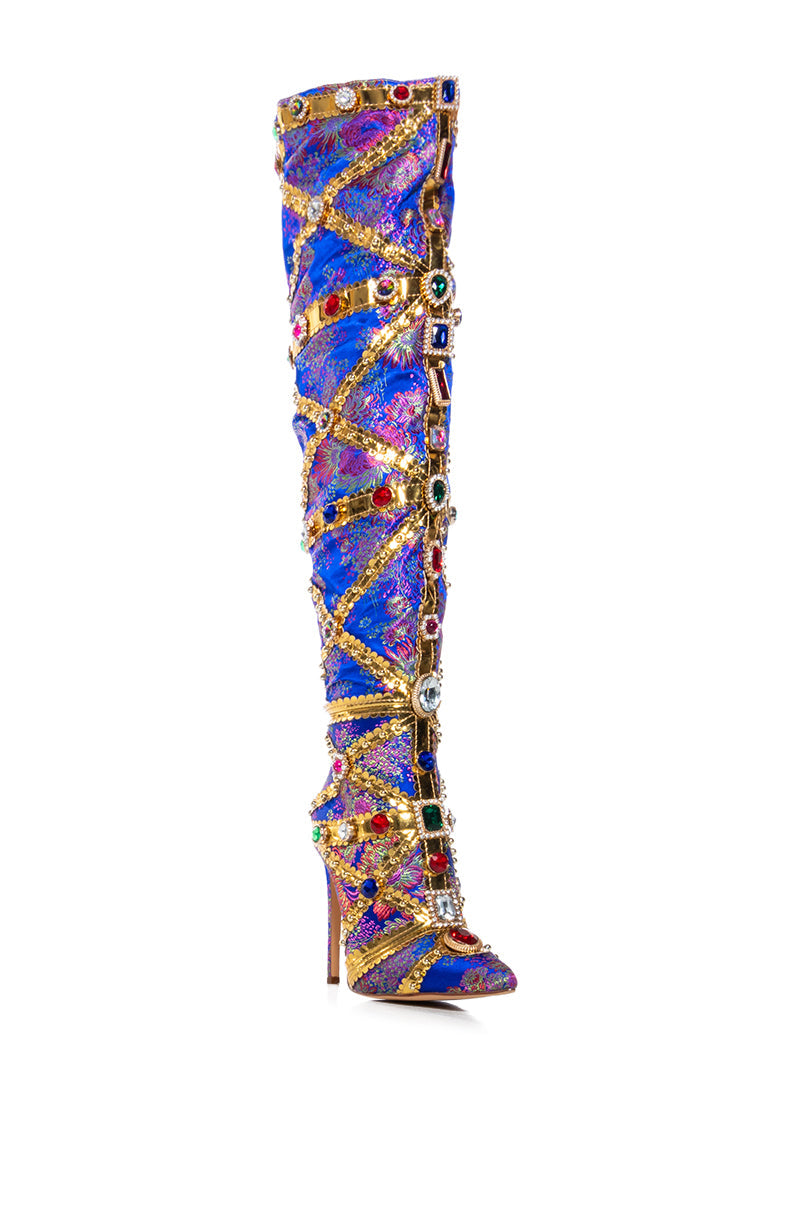 AZALEA WANG BERKLEY BLUE BAROCADE EMBELLISHED BOOT