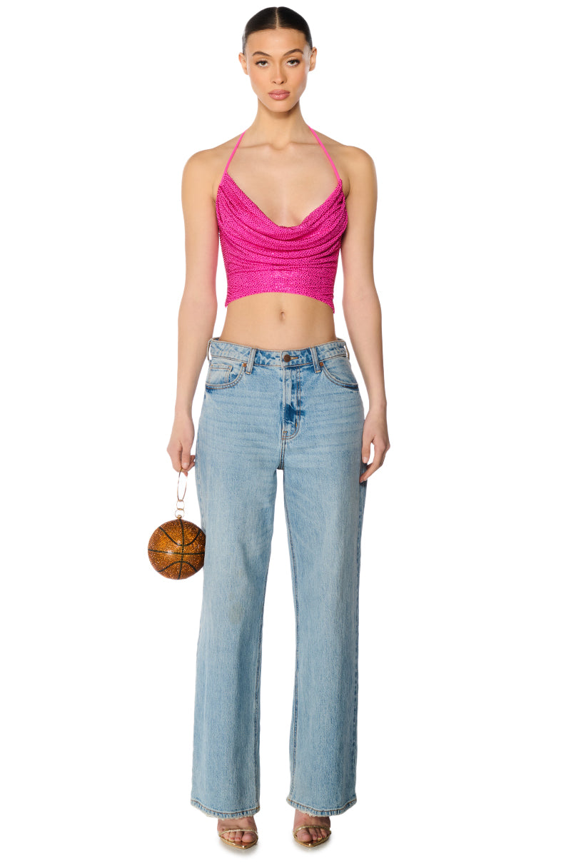 GLITZY RHINESTONE MESH HALTER TOP IN PINK