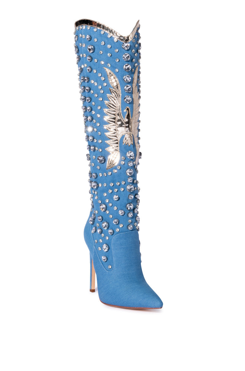 AZALEA WANG ZINNIA EMBELLISHED KNEE HIGH STILETTO BOOT IN DENIM