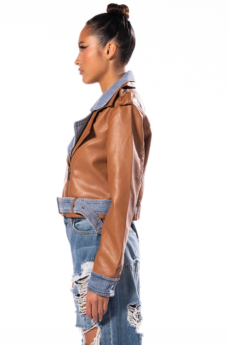 DOUBLE TROUBLE DENIM MOTO JACKET