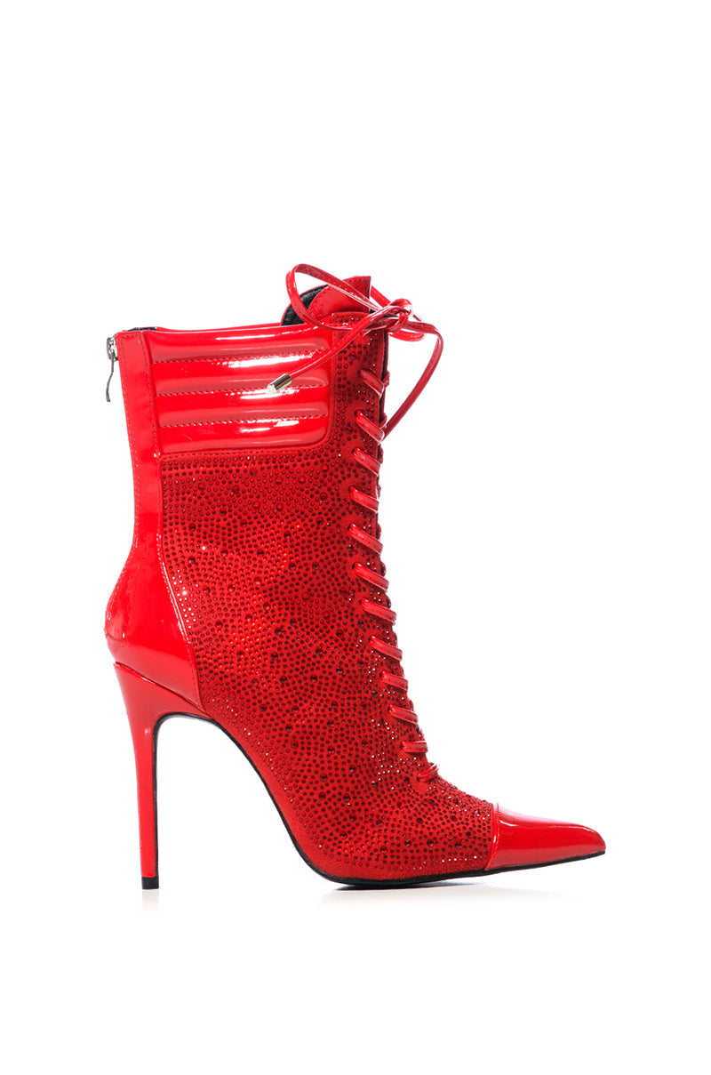 AZALEA WANG FIREFLAME EMBELLISHED BOOTIE IN RED