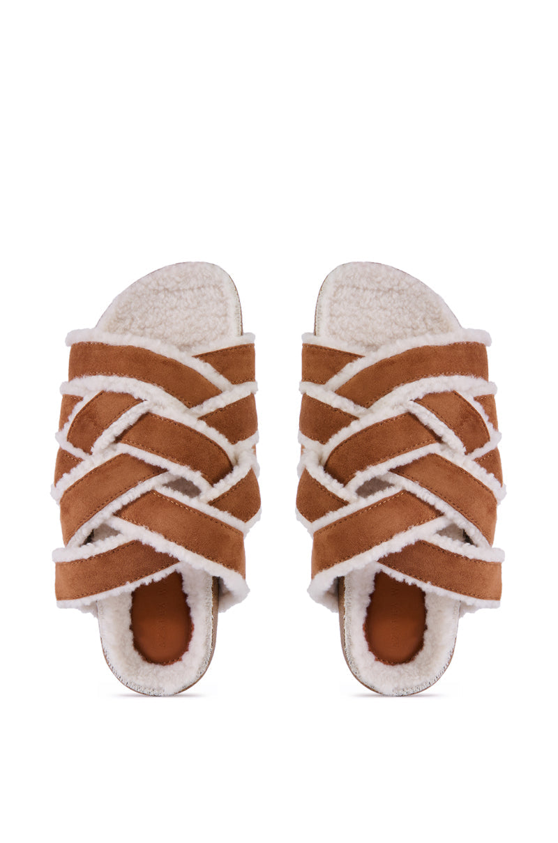 AZALEA WANG MACCOY BROWN SLIP ON FURRY SANDAL SLIPPER