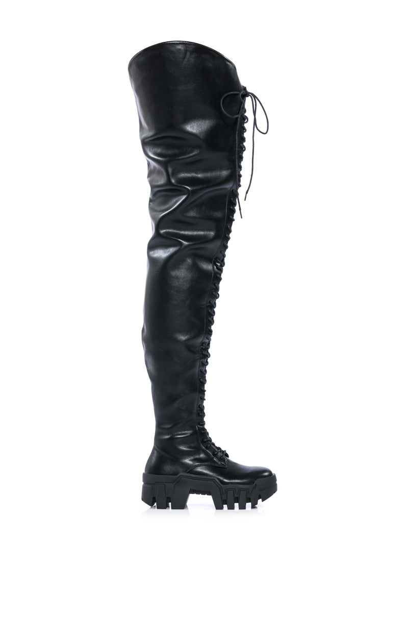 AZALEA WANG NATHAN THIGH HIGH LACE UP BOOT IN BLACK
