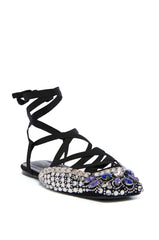 AZALEA WANG NELSIE BLACK EMBELLISHED LACE UP FLAT
