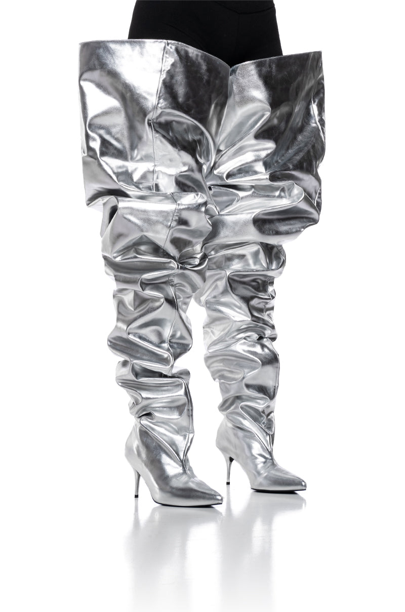 AZALEA WANG NEMY SILVER KITTEN HEEL THIGH HIGH BOOT