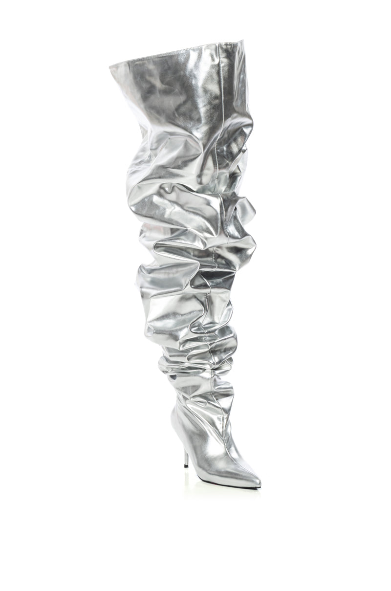 AZALEA WANG NEMY SILVER KITTEN HEEL THIGH HIGH BOOT