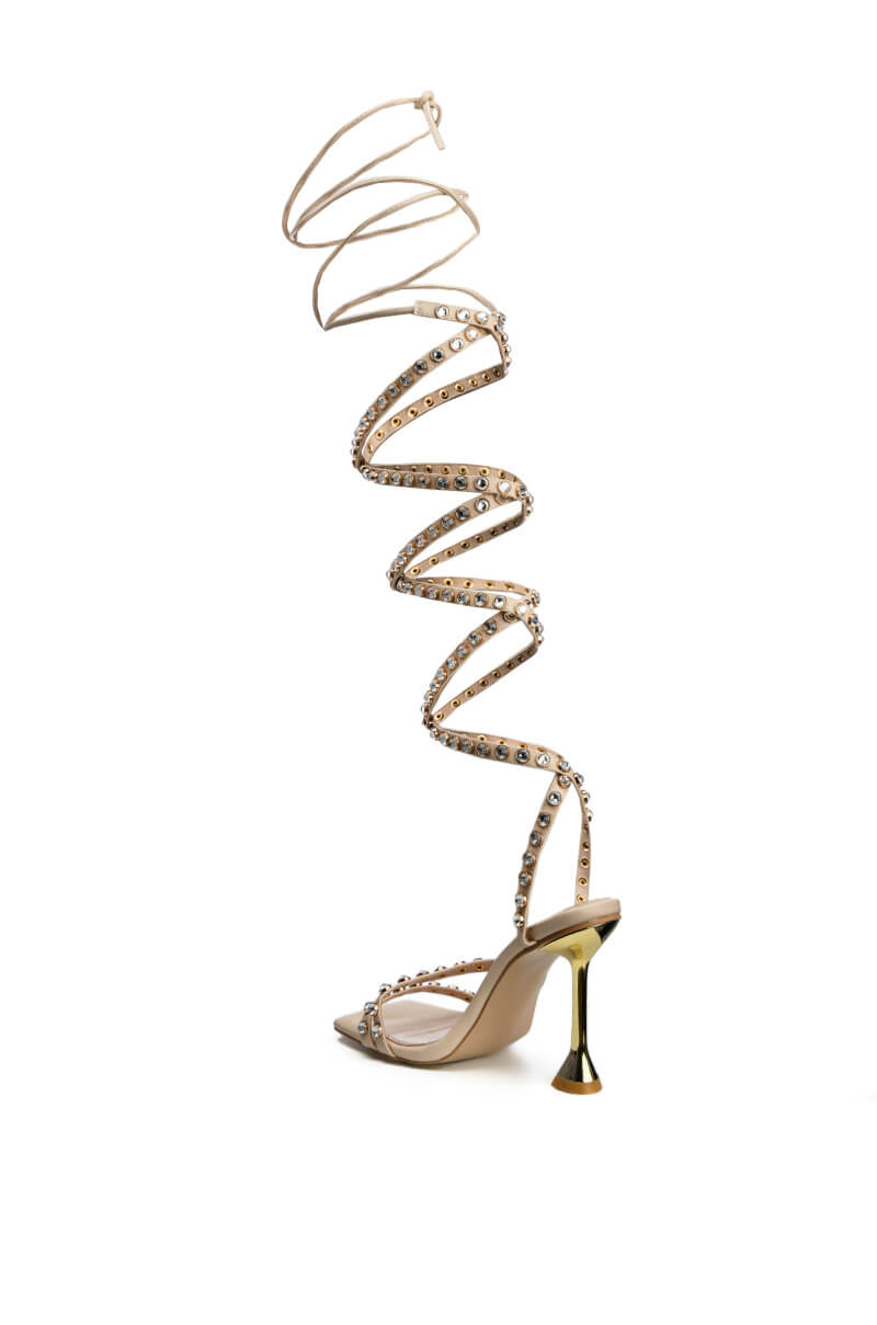 AZALEA WANG SANDY STRAP UP BLING CHUNKY HEEL IN BEIGE