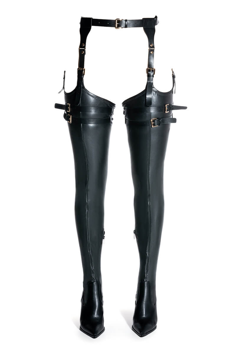 AZALEA WANG SEXY BELTED STRETCH PU STILETTO BOOT IN BLACK