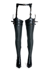 AZALEA WANG SEXY BELTED STRETCH PU STILETTO BOOT IN BLACK