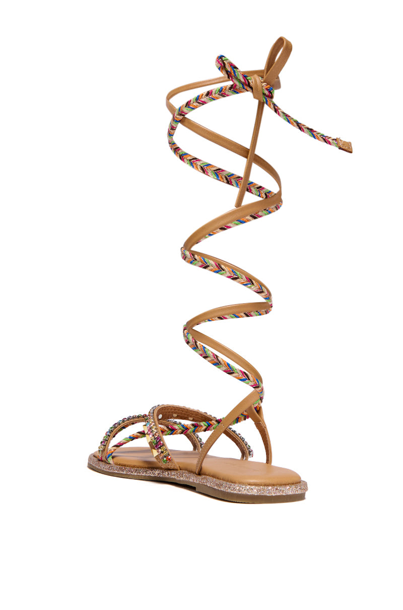 AZALEA WANG STREEP RHINESTONE STUDDED LACE UP SANDAL IN MULTI