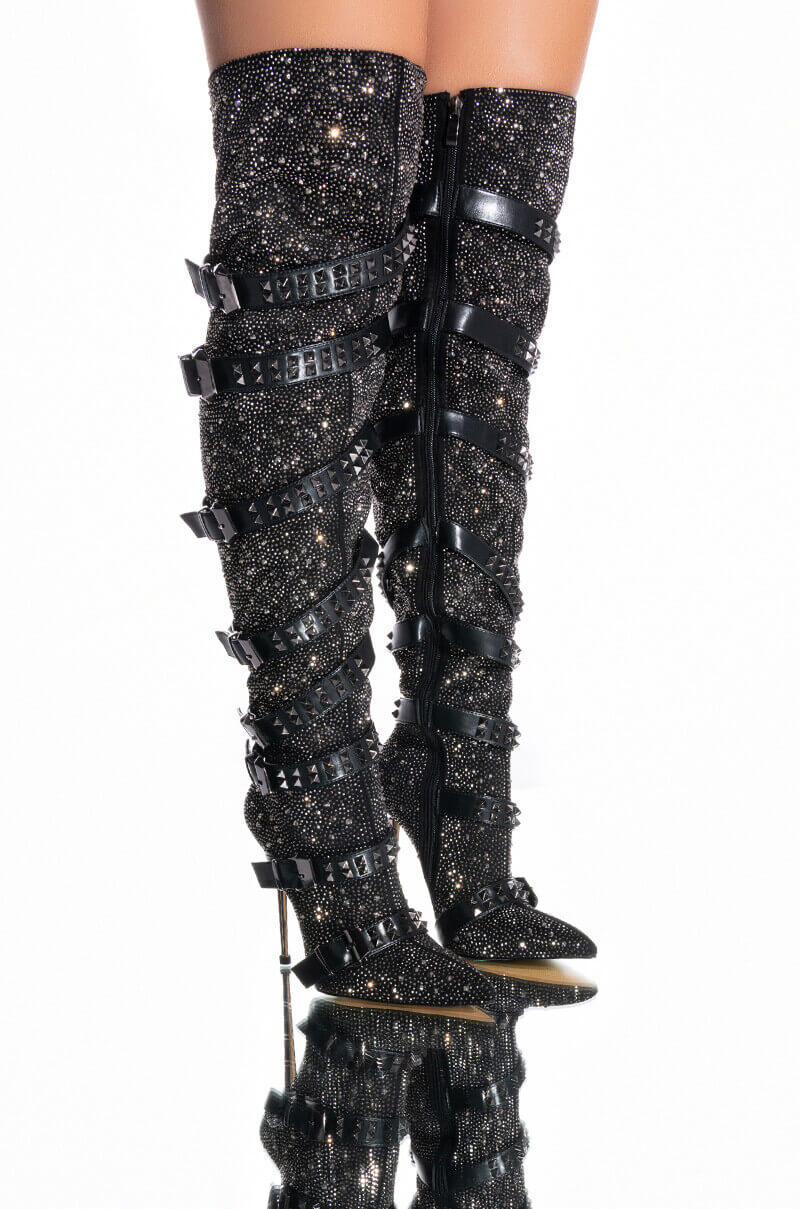 AZALEA WANG SUPERIOR THIGH HIGH RHINESTONE SPIKE STILETTO BOOT