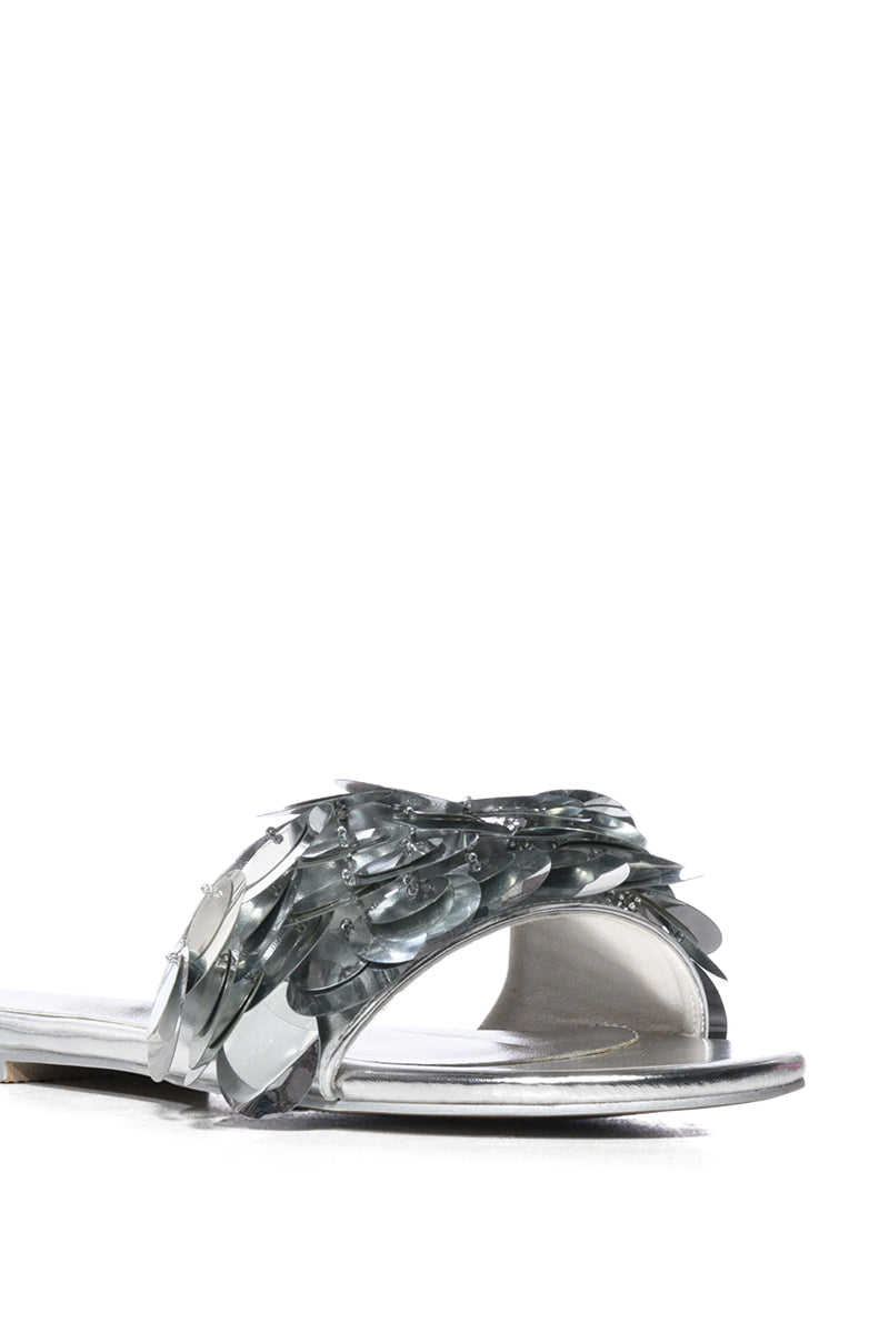 AZALEA WANG TACHI EMBELLISHED FLAT SANDAL IN SILVER