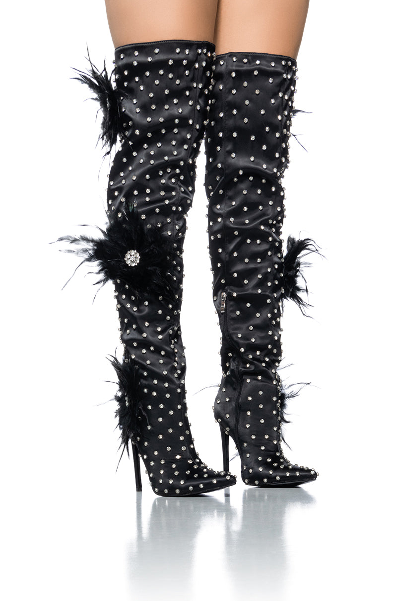 AZALEA WANG TARYN BLACK SATIN FEATHER FLOWER THIGH HIGH BOOT