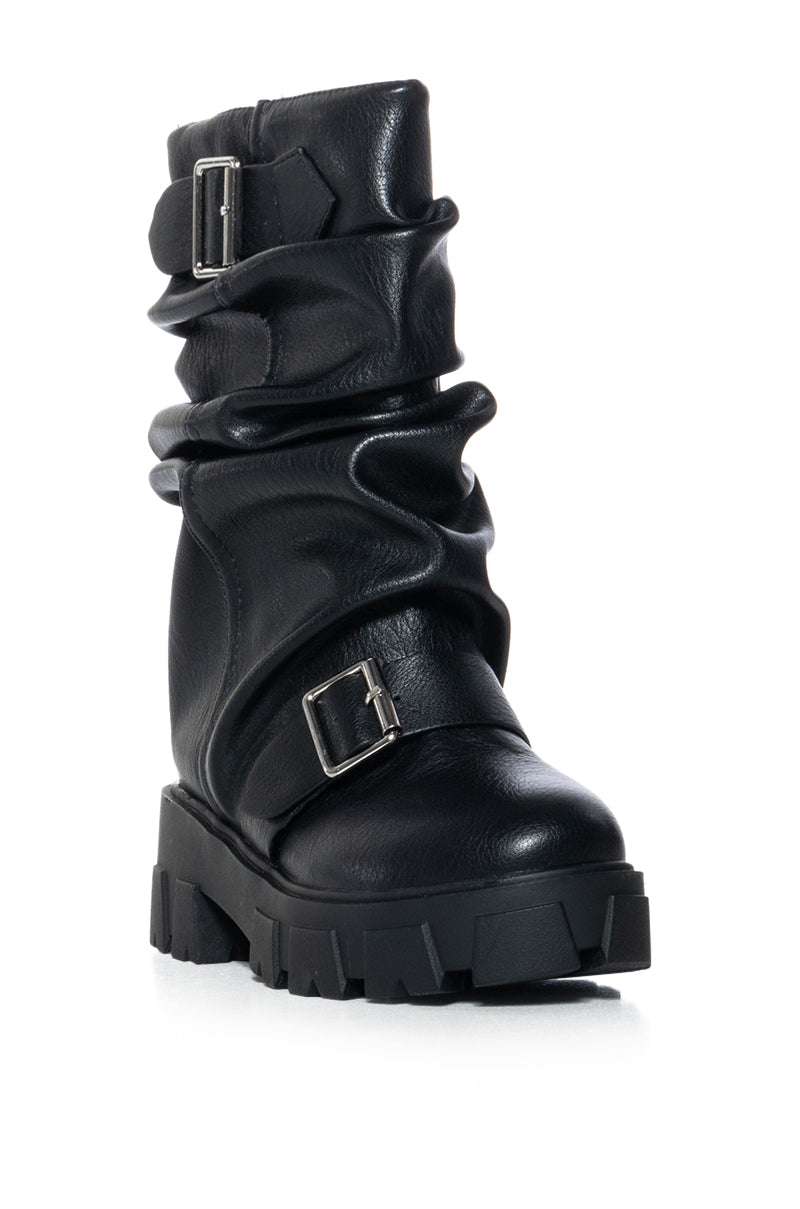 AZALEA WANG TIBERIUS BLACK RUCHED BUCKLE BOOTIE