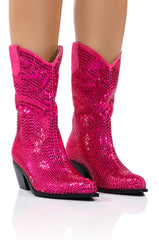AZALEA WANG WELLINGTON WESTERN EMBELLISHED BOOTIE IN FUCHSIA