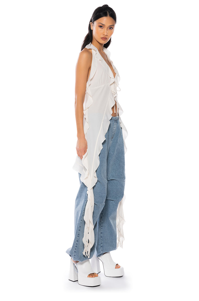 AZARI RUFFLED HIGH LOW SLEEVELESS BLOUSE