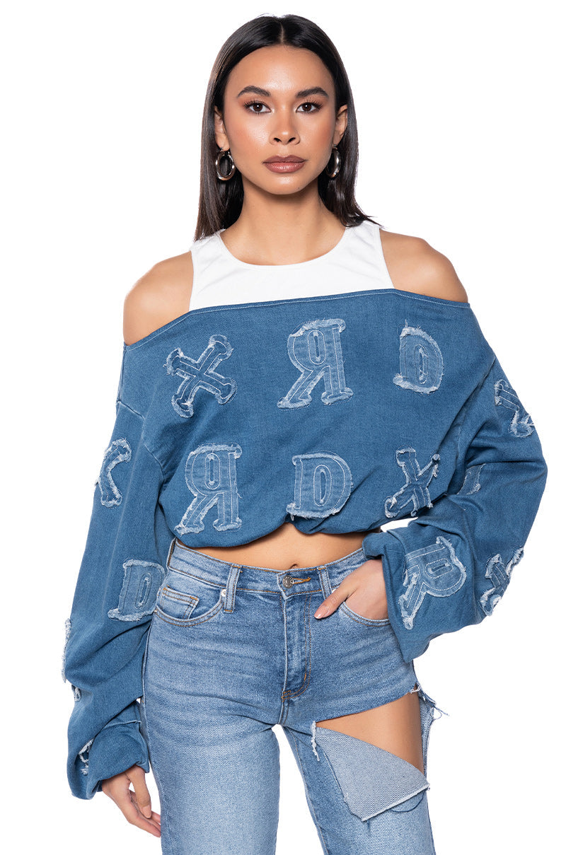 BE YOURSELF DENIM OFF THE SHOULDER SWEATSHIRT