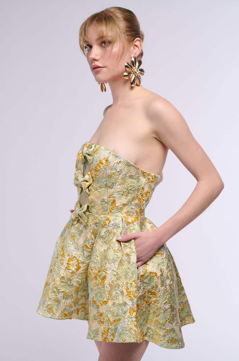 BELLE OF THE BALL BROCADE MINI DRESS IN GREEN MULTI