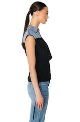 BLAME GAME DENIM DETAIL CAP SLEEVE ADJUSTABLE BLOUSE IN BLACK