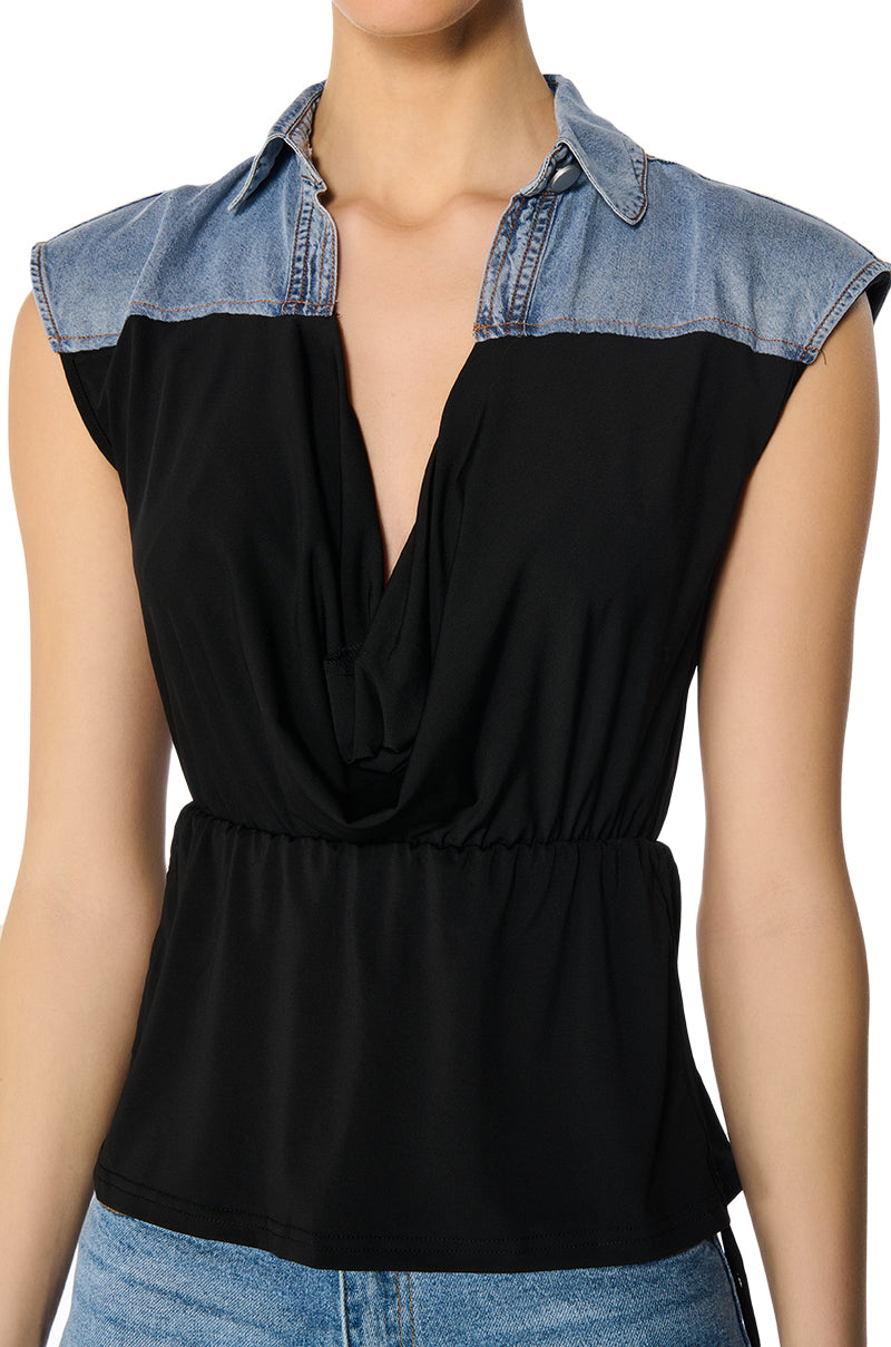BLAME GAME DENIM DETAIL CAP SLEEVE ADJUSTABLE BLOUSE IN BLACK