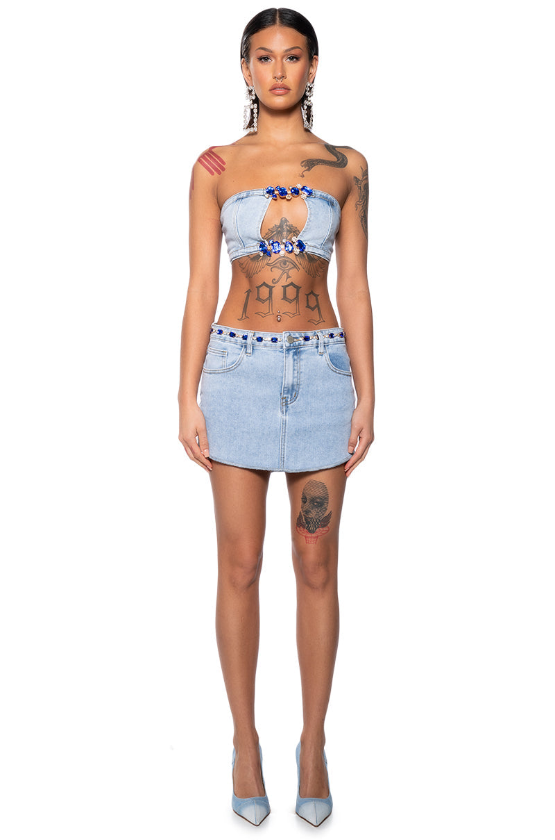 BLINGED OUT CUT OUT DENIM BANDEAU TOP