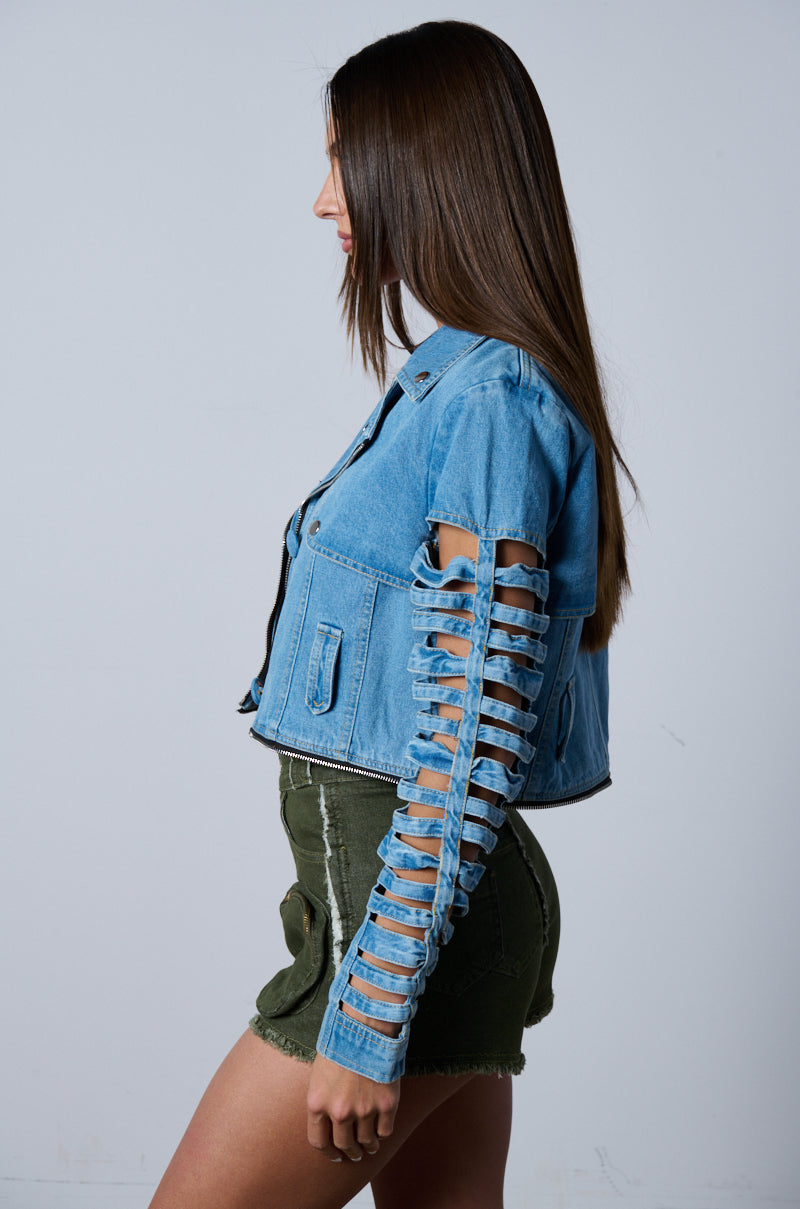 BLOSSOM DENIM CUT OUT PANEL CONVERTIBLE TRENCH