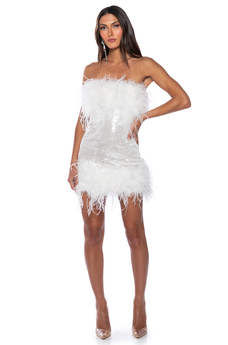 BON ANNIVERSAIRE FEATHER TRIM SEQUIN MINI DRESS