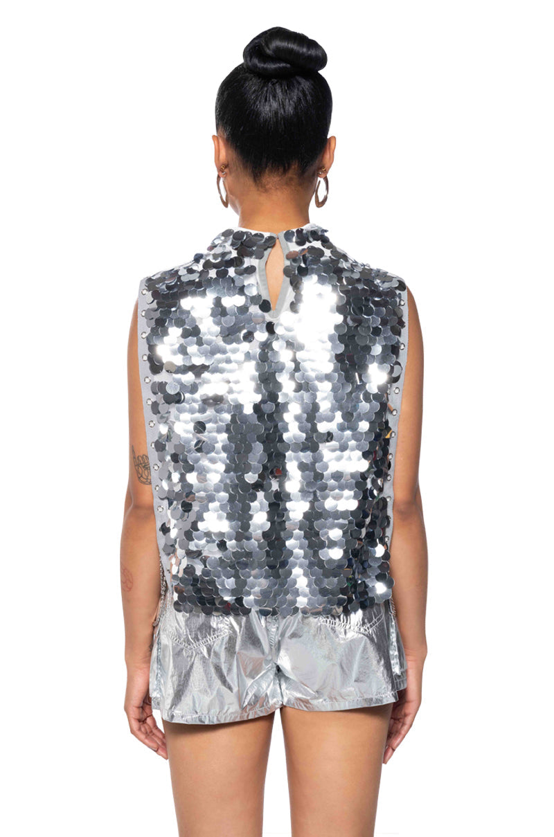 BORN THAT WAY SEQUIN OPEN SIDES MOCK NECK TOP