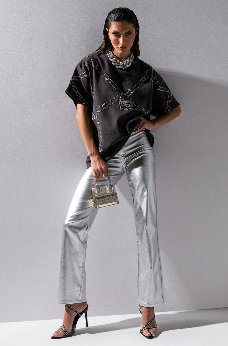 BORN TO SHINE METALLIC STRAIGHT LEG PANTS IN SILVER