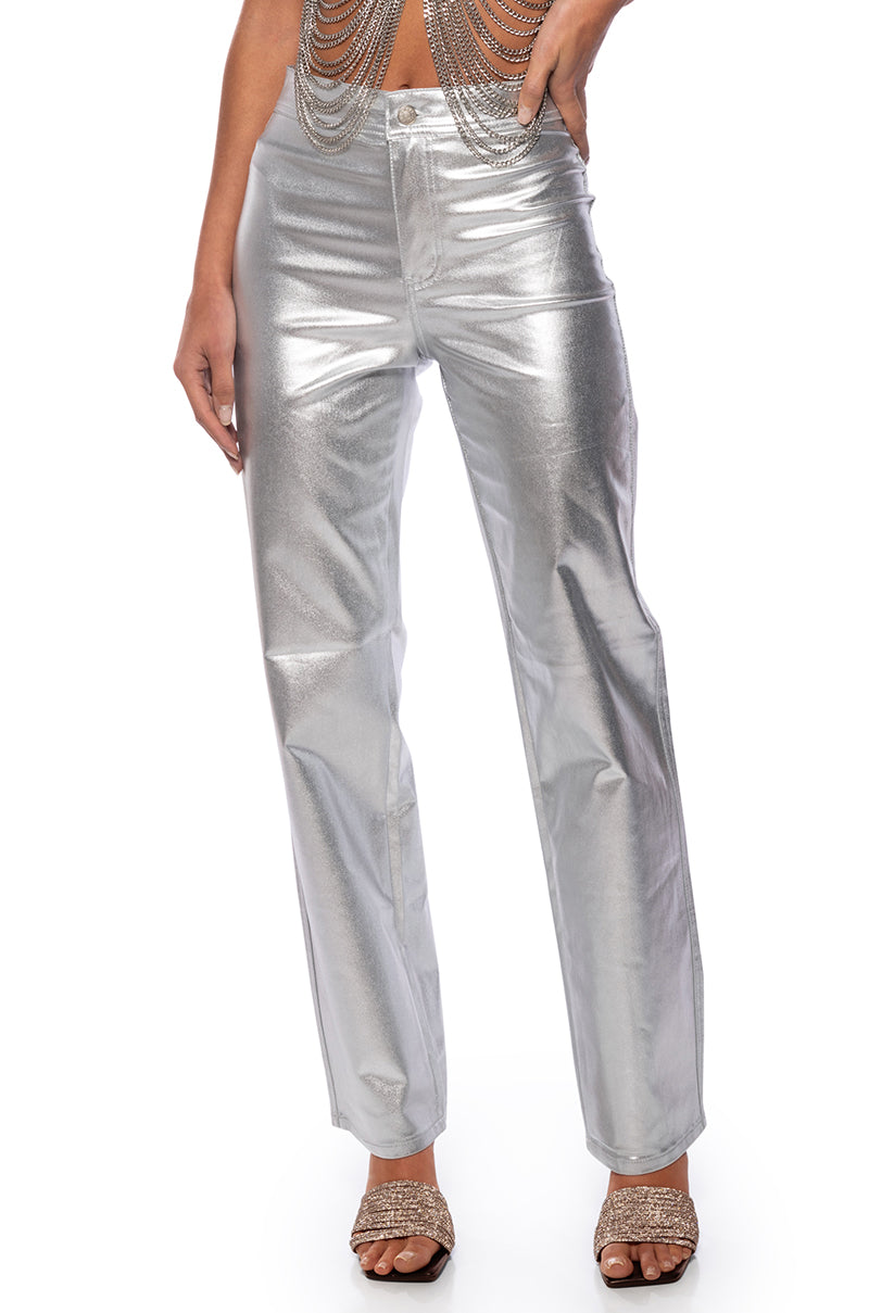 BORN TO SHINE METALLIC STRAIGHT LEG PANTS IN SILVER