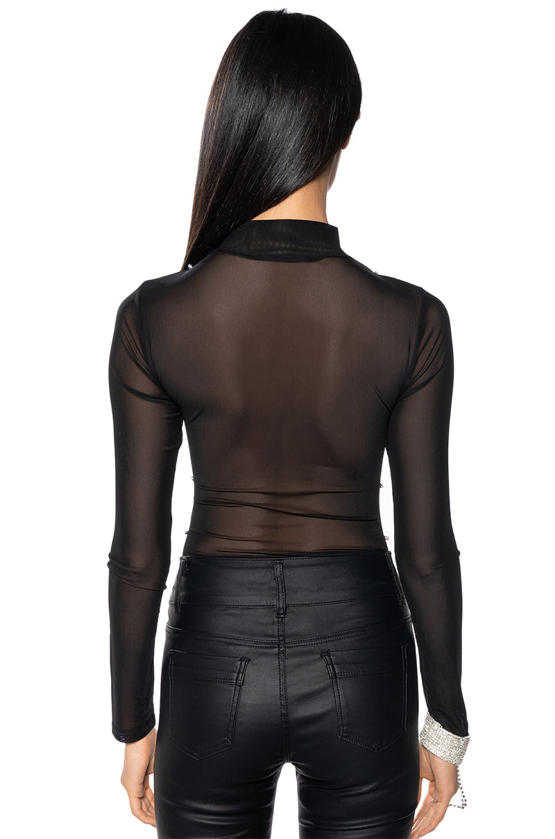BOUT TIME RHINESTONE CHAIN LONG SLEEVE MOCK NECK MESH BODYSUIT