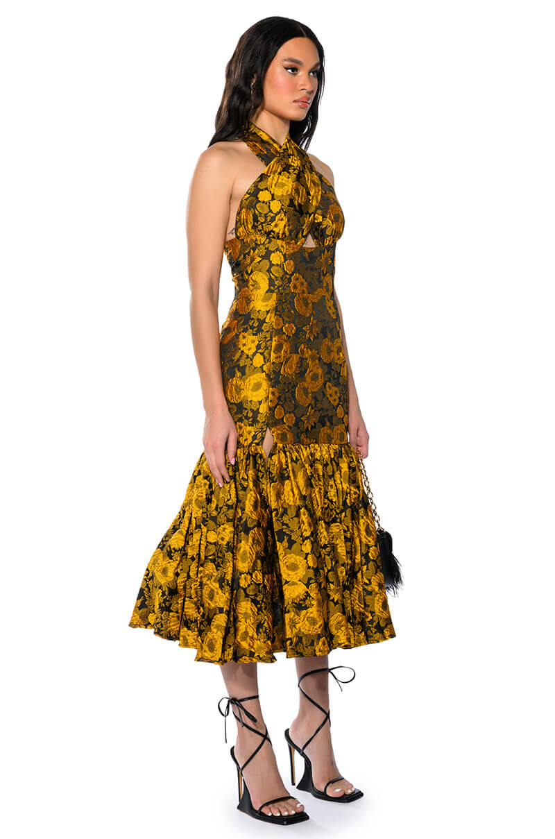 CHA CHA BROCADE HALTER NECK MIDI DRESS