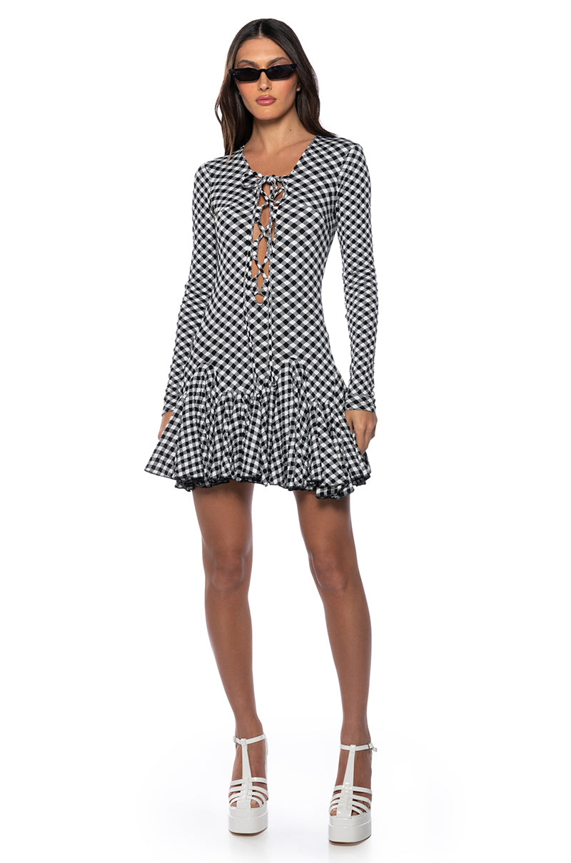 DINNER FOR TWO LACE UP MINI DRESS