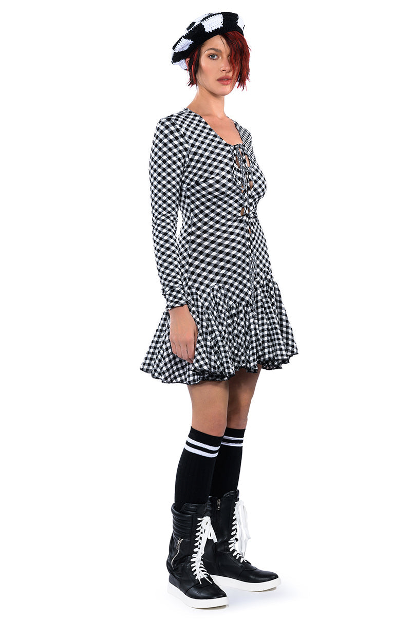 DINNER FOR TWO LACE UP MINI DRESS